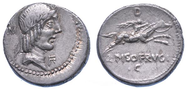 CALPURNIA. L. Calpurnius Piso Frugi, 90 a.C. Denario.