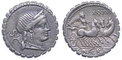 Naevia. C. Naevius Balbus, 79 a.C. Denario Serrato.