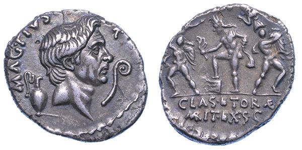 POMPEIA. Sesto Pompeo, anni  37-36. Denario. Sicilia.