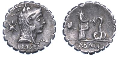 Roscia. L. Roscius Fabatus, 59 a.C. Denario Serrato.