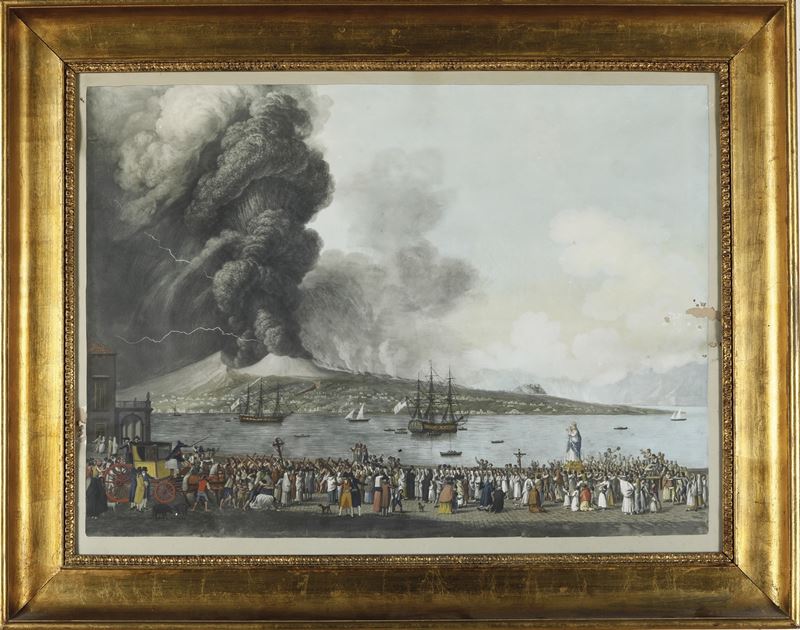 Alessandro D'Anna (1746-1810) Eruzione del Vesuvio del 1794. Processione dell'Immacolata.  - Asta Stampe Antiche e Moderne - Cambi Casa d'Aste