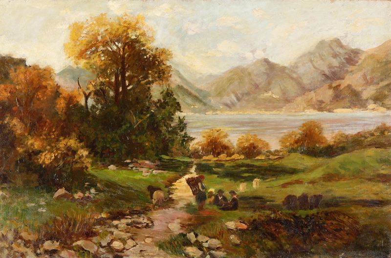 Pittore lombardo del XIX-XX secolo Paesaggio con figure  - olio su tela - Asta Dipinti del XIX-XX Secolo - Cambi Casa d'Aste