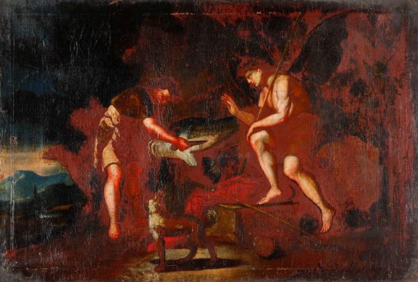 Scuola del XVII secolo Tobia che guarisce la cecità del padre con la bile del pesce