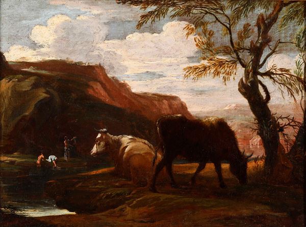 Scuola del XVIII secolo Paesaggio bucolico con pastori e armenti