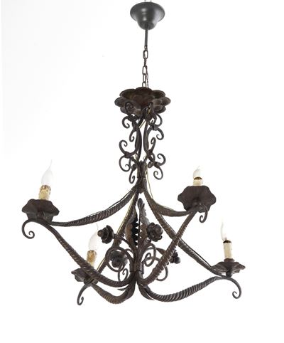 Lampadario in ferro battuto, XX secolo, a quattro luci