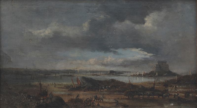 Scuola del XVIII-XIX secolo Paesaggio con accampamento  - olio su tela - Auction Old Masters Paintings - Cambi Casa d'Aste