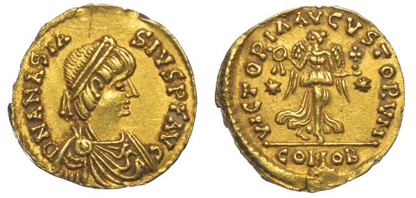OSTROGOTI. TEODORICO A NOME DI ANASTASIO, 493-526. Tremisse, anni  491-518. Roma.