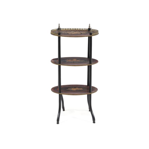 Etagere Napoleone III a tre ripiani in legno intarsiato. XIX secolo