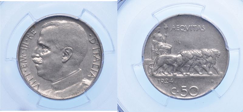VITTORIO EMANUELE III DI SAVOIA, 1900-1946. 50 Centesimi 1924. Leoni (bordo liscio).  - Auction Numismatics - I - Cambi Casa d'Aste