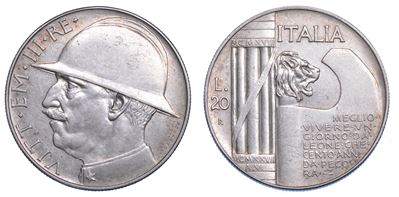 Regno D’italia. Vittorio Emanuele III di Savoia, 1900-1946. 20 Lire 1928/a. Vi. Elmetto.