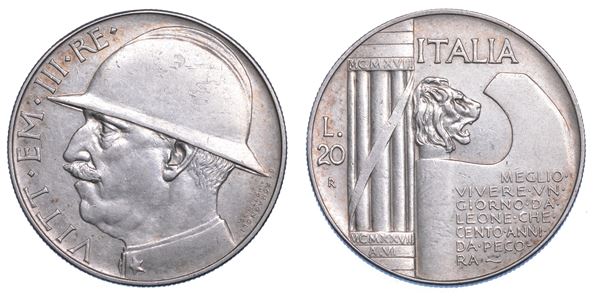 REGNO D’ITALIA. VITTORIO EMANUELE III DI SAVOIA, 1900-1946. 20 Lire 1928/A. VI. Elmetto.