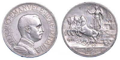 Regno D’italia. Vittorio Emanuele III di Savoia, 1900-1946. 2 Lire 1911. Quadriga Veloce.