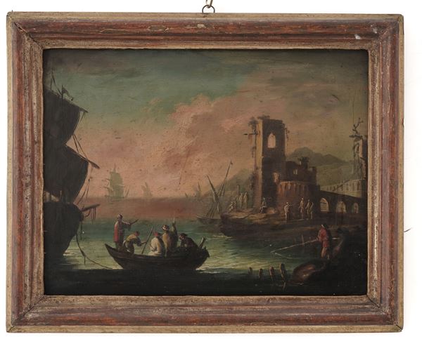 Veduta costiera con imbarcazioni e architetture