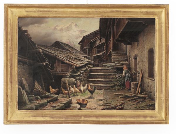 Cascinale con galline e contadina