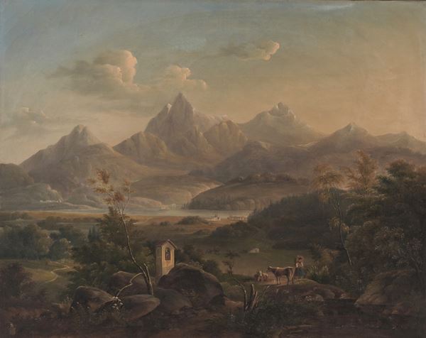 Pittore del XIX-XX secolo Paesaggio con mucche