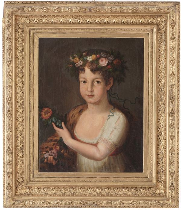 Scuola neoclassica dell'inizio del XIX secolo Bambina con corona di fiori