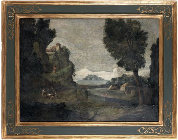 Scuola del XVIII secolo Paesaggio montano con figure di contadini