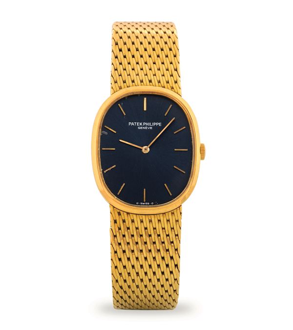 Patek Philippe - Ellipse ref 3748/1 in 18k yellow gold with integrated bracelet, blue soleil dial, circa 1980