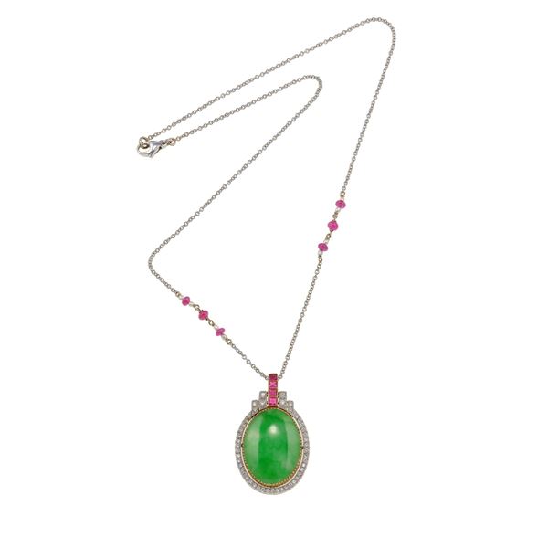 Jadeite, ruby, diamond pendant necklace. Signed Amadori