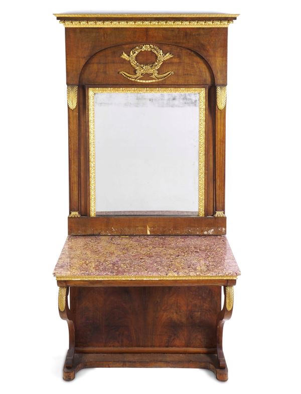 Consolle con specchiera lastronata e dorata Impero. XIX secolo