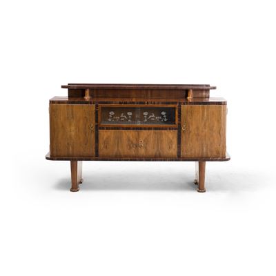 Credenza Decò lastronata con ante in vetro e legno