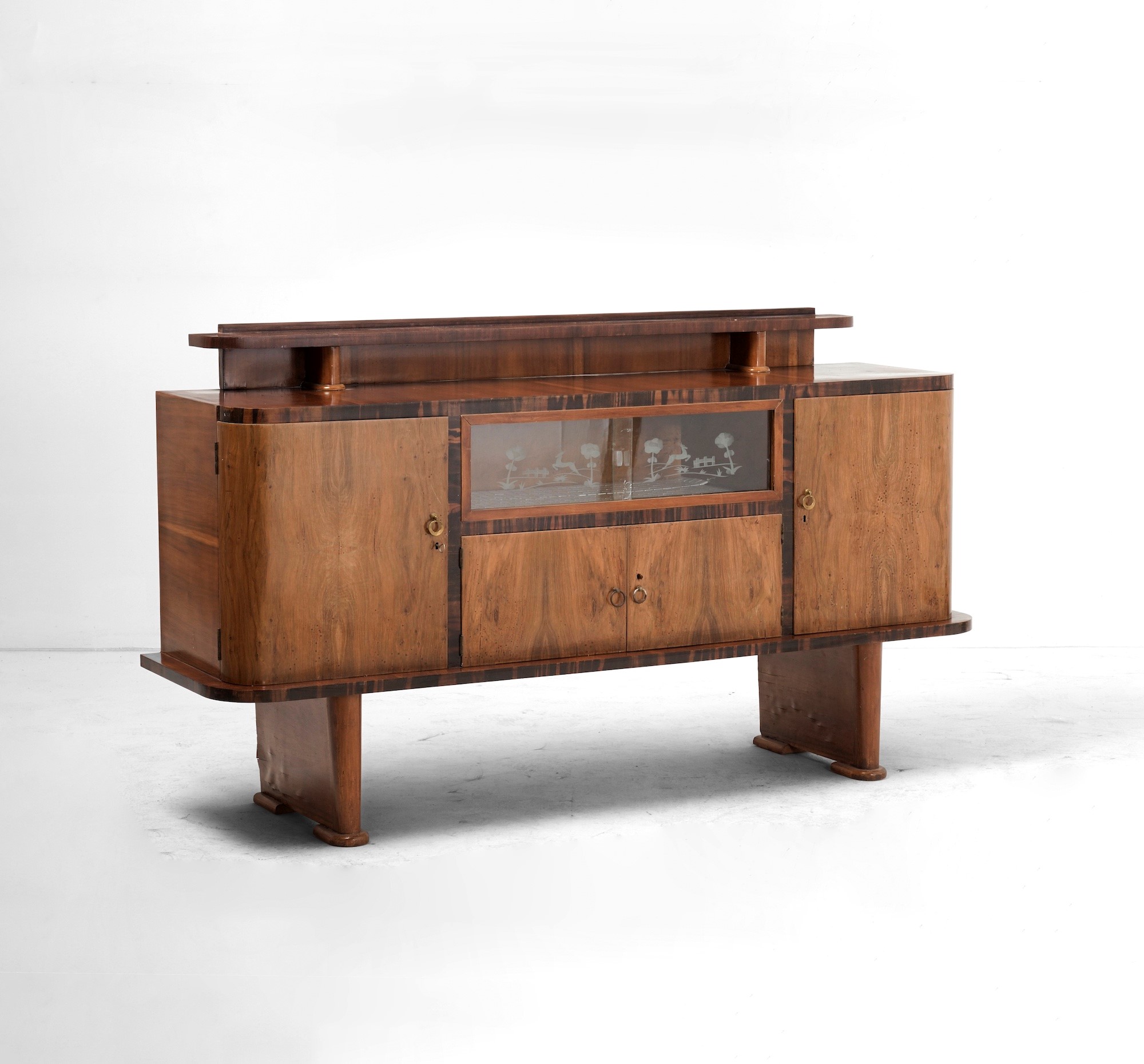 Credenza Decò lastronata con ante in vetro e legno