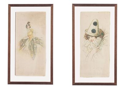 Coppia di Stampe. XX Secolo Coppia di Figure Femminili Maschera