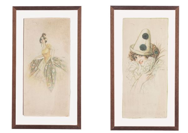 Coppia di stampe. XX secolo Coppia di figure femminili maschera