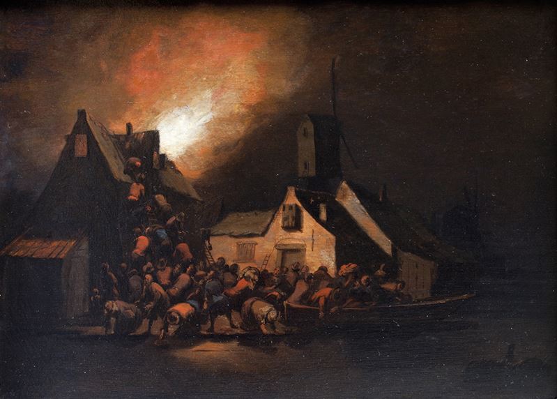 Egbert van der Poel : Notturno di villaggio con casa in fiamme  - olio su tavola - Auction Old Paintings - Cambi Casa d'Aste