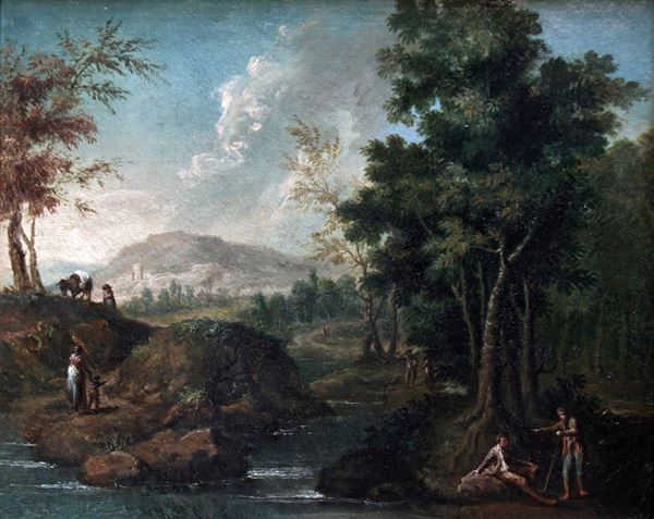 Scuola del XVIII secolo Paesaggio fluviale con figure