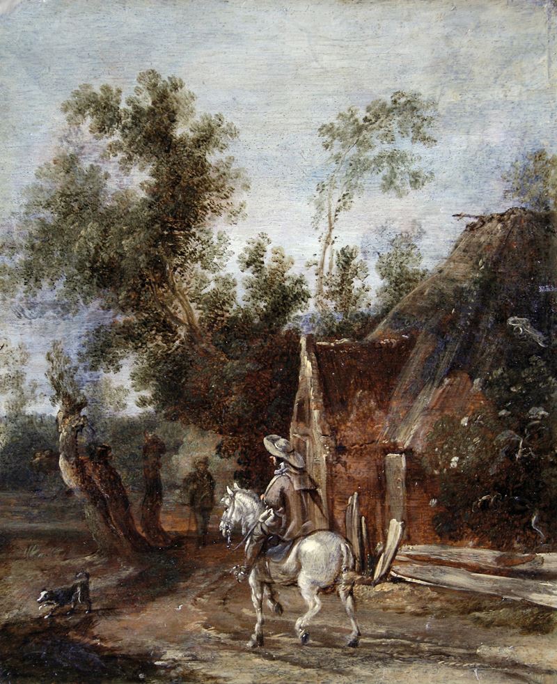 Anthony Jansz Van der Croos : Paesaggio con uomo a cavallo  - olio su tavola - Asta Dipinti Antichi - Cambi Casa d'Aste