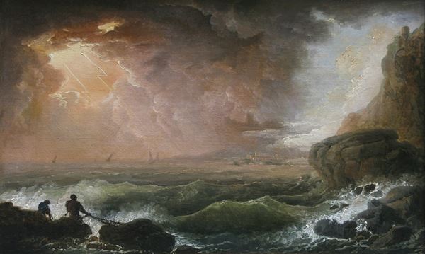 Veduta costiera con pescatori e mare in tempesta