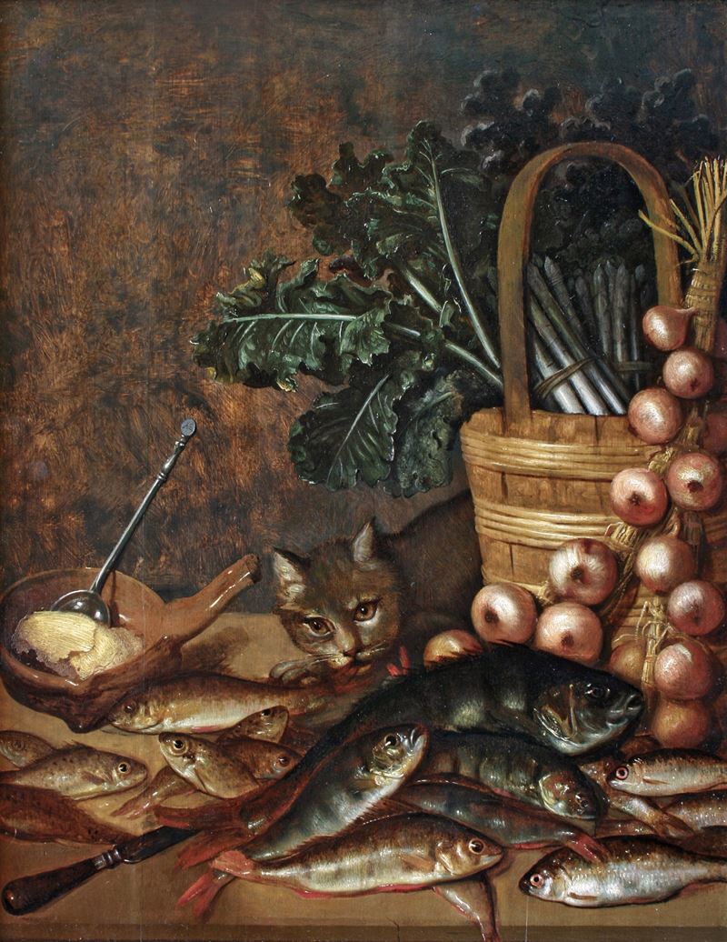 Scuola del XVIII/XIX secolo Natura morta con con gatto, pesci e ortaggi  - olio su tavola - Auction Old Paintings - Cambi Casa d'Aste