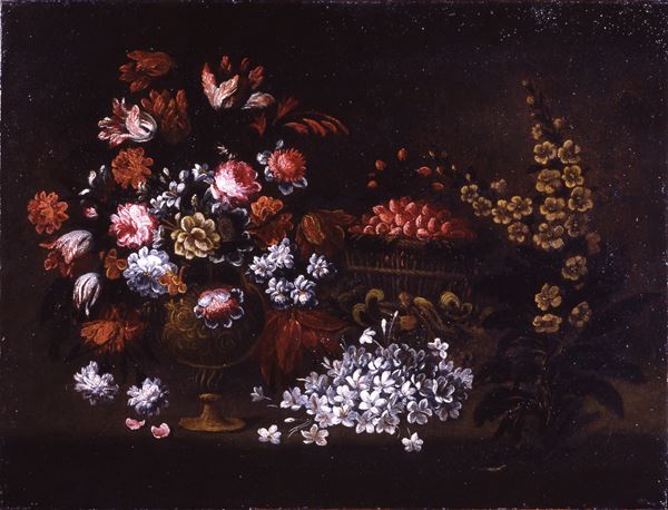 Natura morta con fiori e cesto di fragole