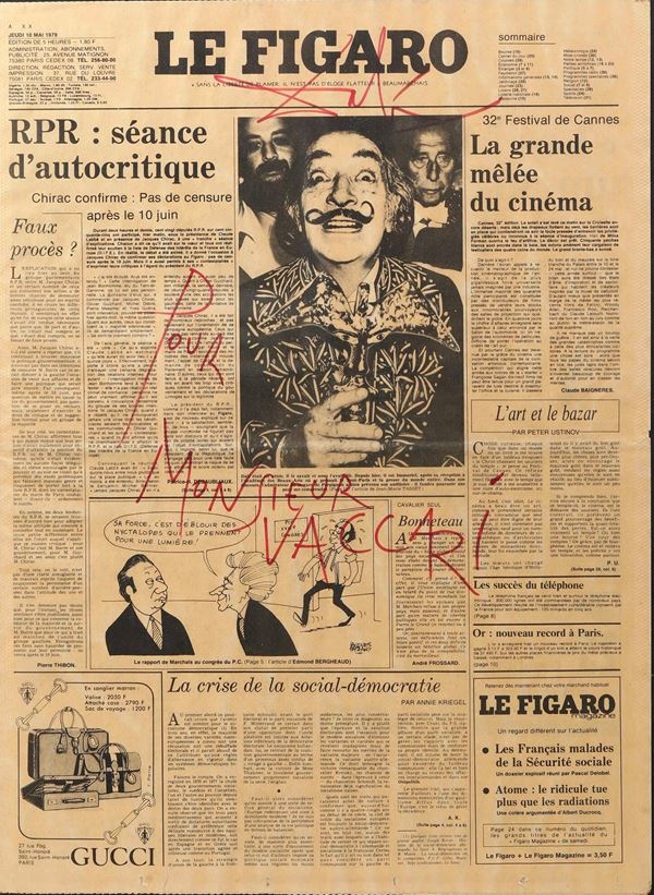 Dalì Salvador (1904-1989) Dedica autografa a pennarello rosso a un non precisato "Monsieur Vaccari"