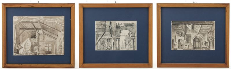 Scuola del XIX secolo Vedute di interni  - penna, inchiostro e acquerello su carta - Asta Dipinti Antichi - I - Cambi Casa d'Aste
