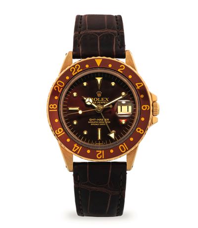 GMT Master ref. 1675 in oro giallo 18k, quadrante marrone soleil 'Nipple', circa 1977