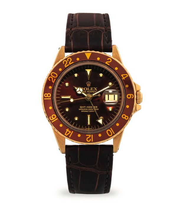 GMT Master ref. 1675 in oro giallo 18k, quadrante marrone soleil "Nipple", circa 1977