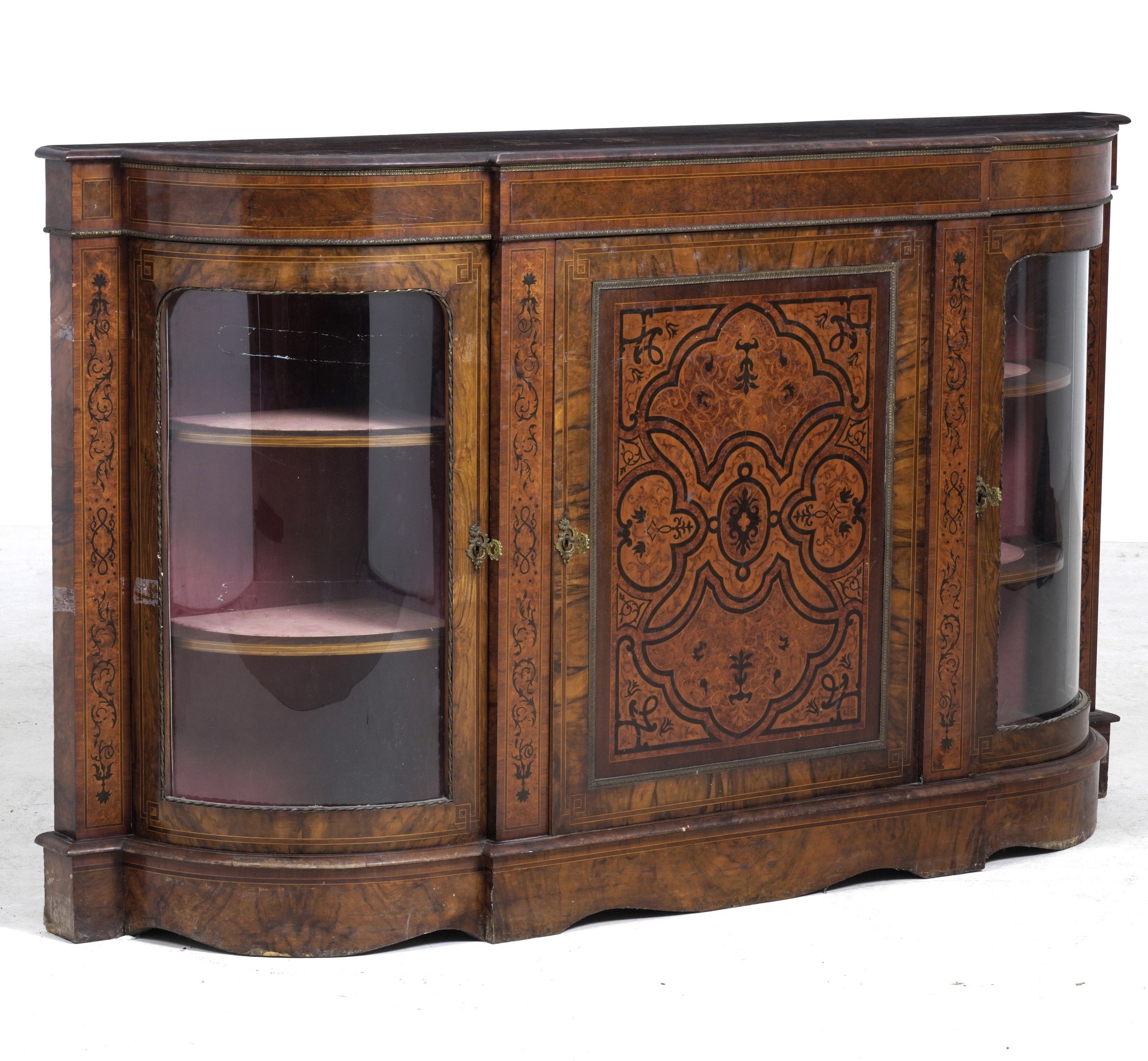 Sideboard Napoleone III Lastronato in Noce e Radica e Filettato. Fine XIX-XX Secolo