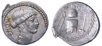 Carisia. T. Carisius, 46 a.C. Denario.
