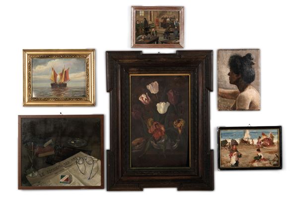 Scuola del XX secolo Sei dipinti a olio di diverso soggetto, tra cui fiori, ritratto femminile, marina
