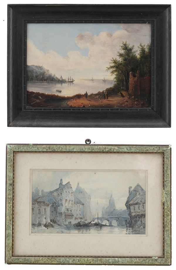 Scuola del XIX-XX secolo Marina; Veduta di città su fiume
