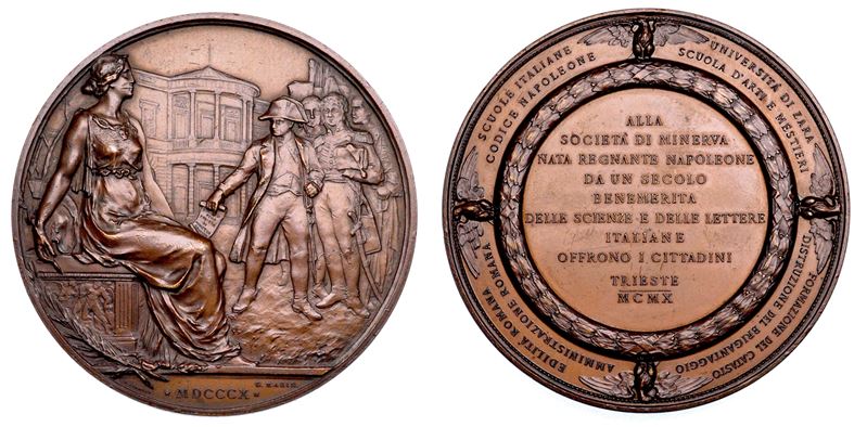 TRIESTE. SOCIETA' DI MINERVA. Medaglia in bronzo 1910. Centenario della fondazione.  - Auction Numismatics - Medals and popes - II - Cambi Casa d'Aste