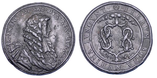 CASA SAVOIA. CARLO EMANUELE II DI SAVOIA, 1638-1675. Medaglia in piombo 1663. Nozze con Francesca Maddalena d'Orléans.
