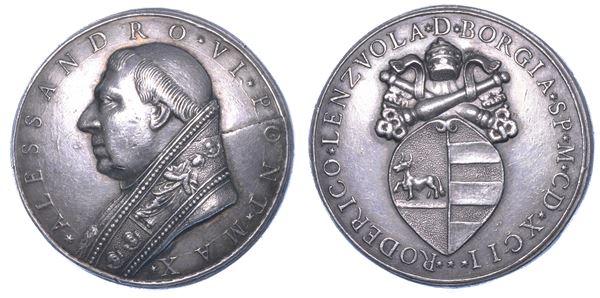 STATO PONTIFICIO. ALESSANDRO VI (Rodrigo de Borja di Jàtiva), 1492-1503. Medaglia 1492 di restituzione in argento (1664). Elezione al Pontificato.