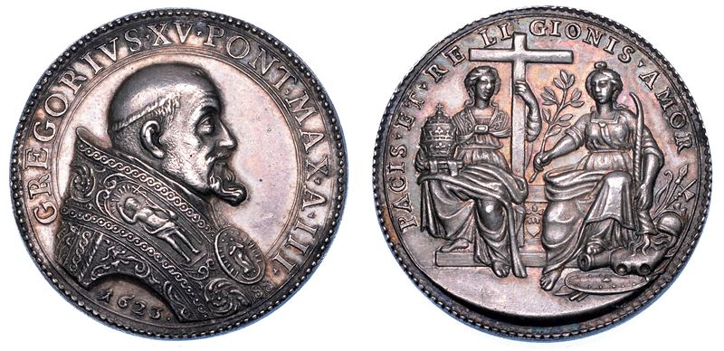 STATO PONTIFICIO. GREGORIO XV (Alessandro Ludovisi), 1621-1623 . Medaglia annuale in argento 1623/A. III. Mediazione della Santa Sede sulla controversia della Valtellina.  - Auction Numismatics - Medals and popes - II - Cambi Casa d'Aste