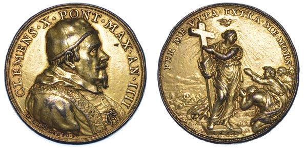 STATO PONTIFICIO. CLEMENTE X (Emilio Altieri), 1670-1676. Medaglia in bronzo dorato 1673/A. IIII. Supremazia della Dottrina Cattolica.