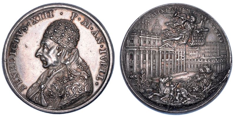 STATO PONTIFICIO. BENEDETTO XIII (Pier Francesco Vincenzo Maria Orsini di Gravina), 1724-1730. Medaglia in argento A. IVB (1725/A. II). I pellegrini in visita a Roma per l'Anno Santo.  - Auction Numismatics - Medals and popes - II - Cambi Casa d'Aste