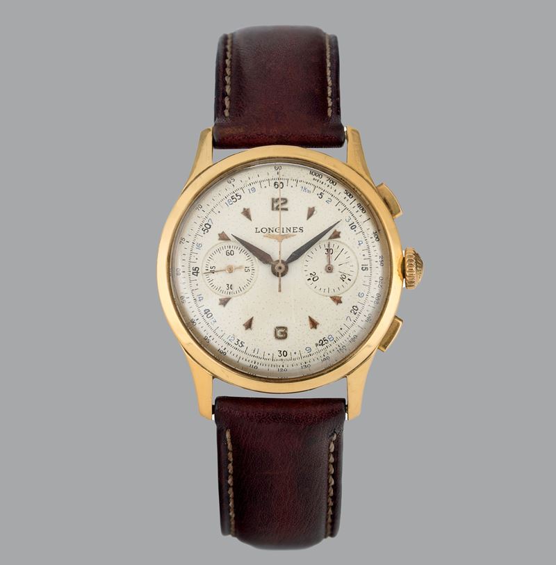 Longines : Cronografo Flyback ref. 5967 21 in oro giallo 18k con tasti rettangolari, quadrante argentè con contatori al tre e al nove, carica manuale, 38 mm  - Auction Orologi da polso - Cambi Casa d'Aste