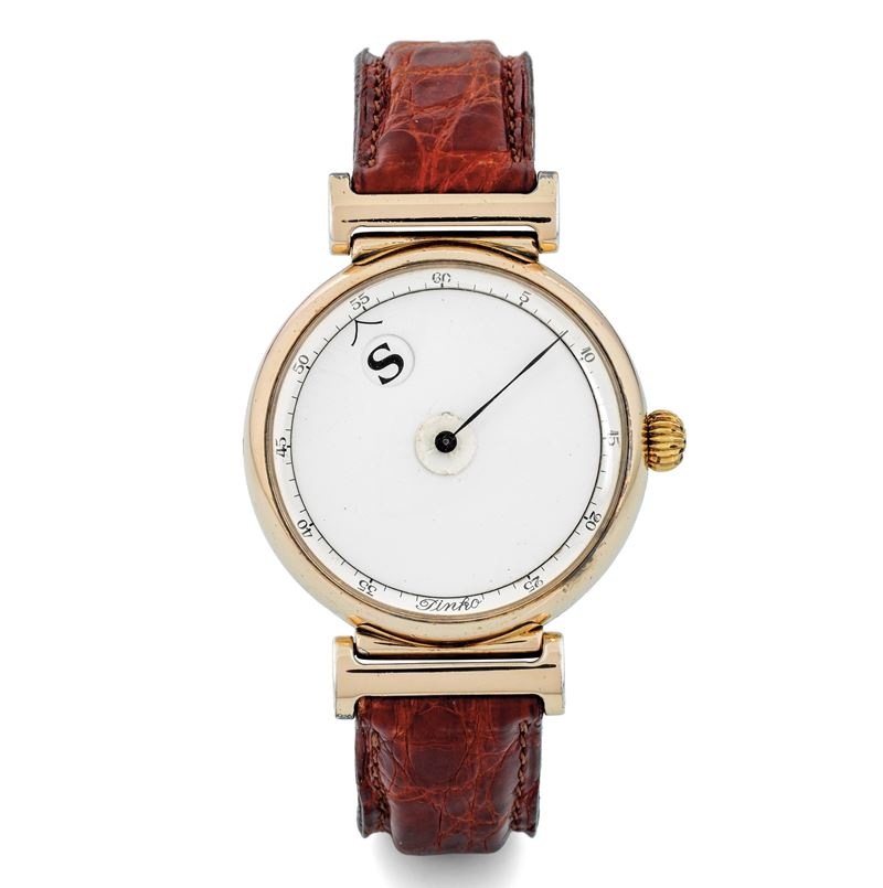 Pinko : Misterioso ref. 3302 in argento placcato con fondello a vista, quadrante bianco con disco girevole e finestrella per indicazione dell'ora analogica, carica automatica, 39 mm  - Auction Orologi da polso - Cambi Casa d'Aste